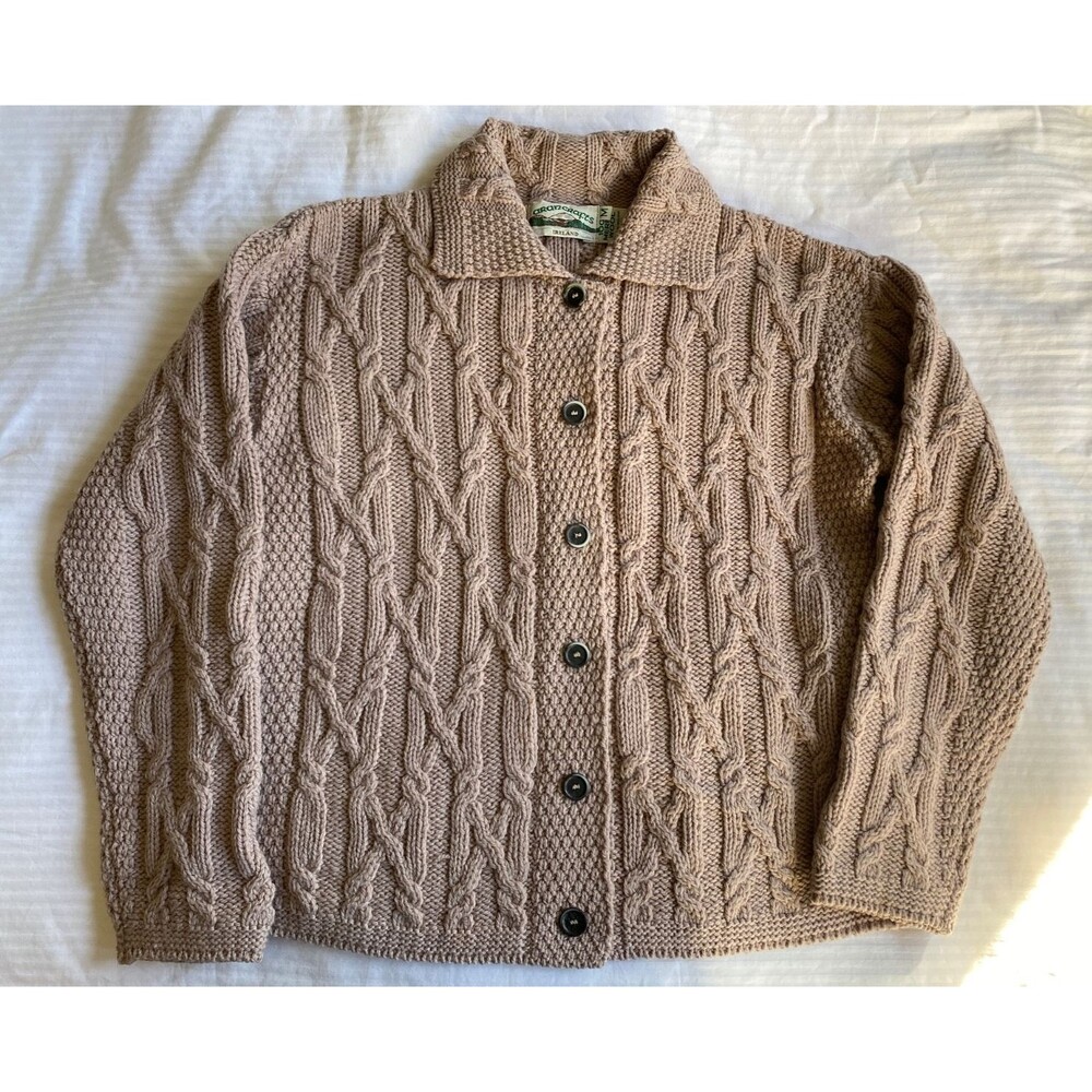 aran crafts Ireland cable knit 100% merino wool collared cardigan sweater size M